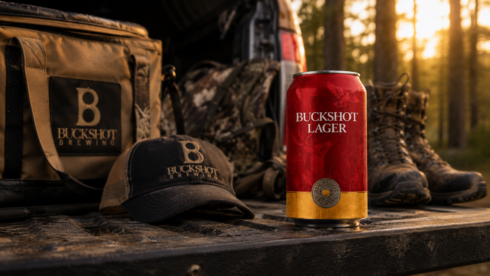 Buckshot Lager concept scene and Buckshot merch on a tailgate